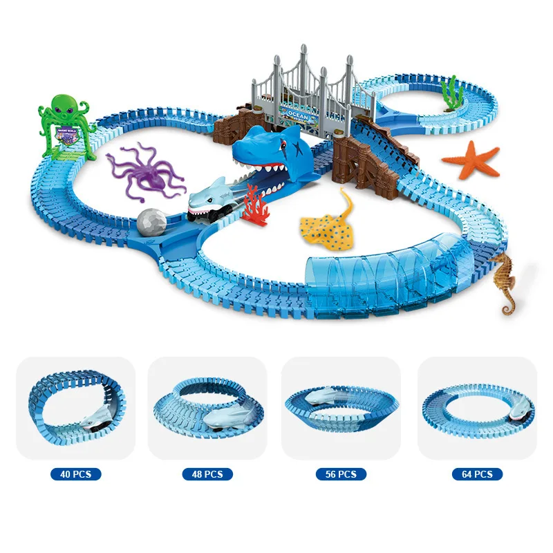 Jouet de voiture de piste de requin électrique populaire pour enfants, assemblage éducatif, montagnes russes, ensemble de course de monstres, jouet cadeau de noël