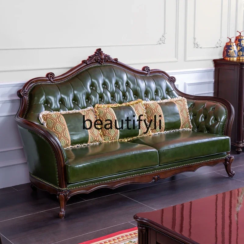 

American light luxury leather solid wood retro leather art two-person three-person first-layer cowhide living room sofa