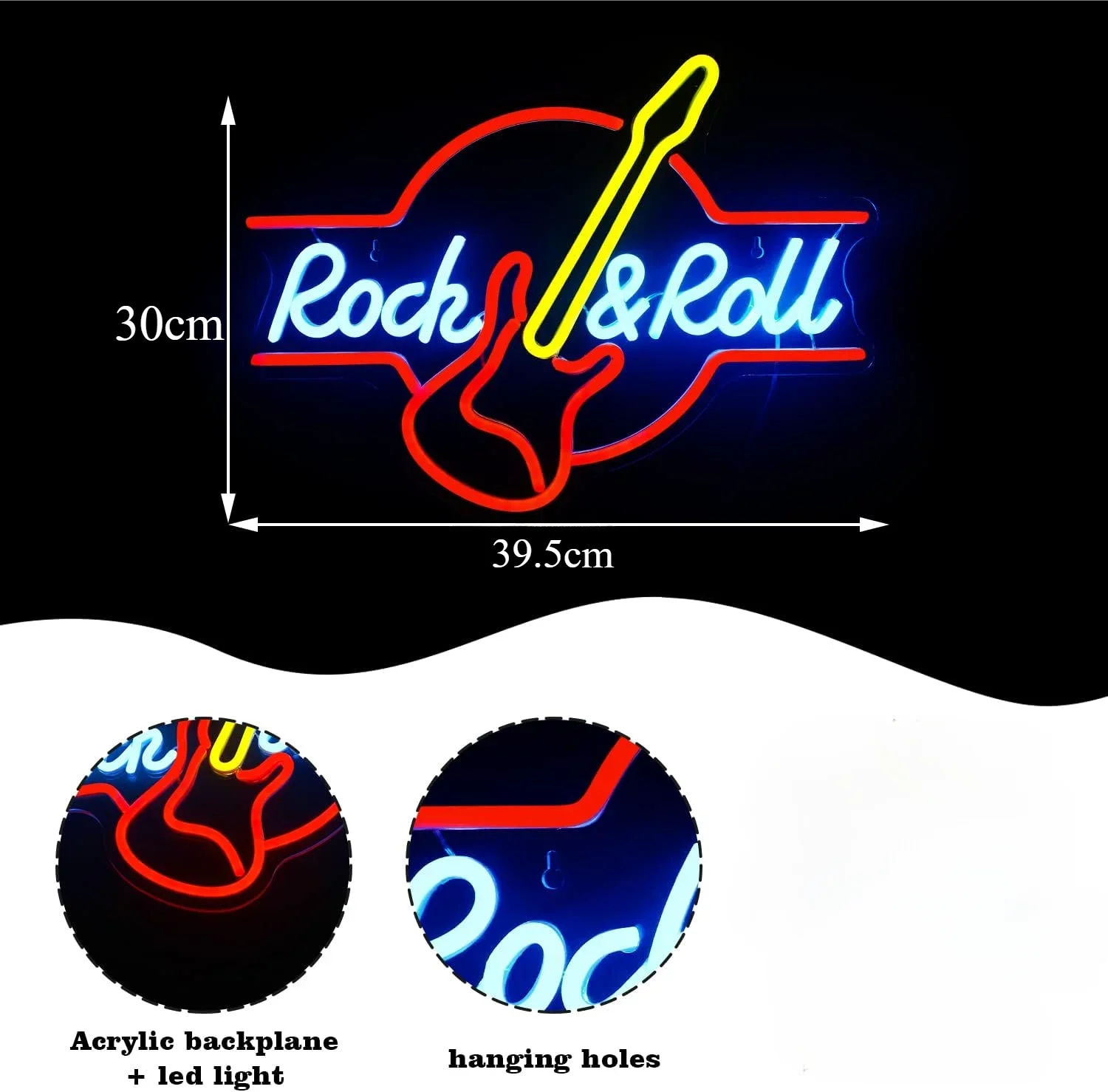 Rock and Roll Guitar Neon Sign Dimmable LED Neon Light for Music Studio Bar Man Cave Game Room Bedroom Party Wall Decor USB Lamp