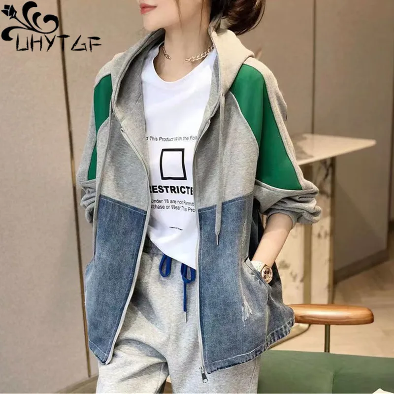 

UHYTGF New Spring Autumn Jacket Women's Fashion Hooded Denim Splicing Casual Female Coat Korean Loose Student Girl Outewear 2488