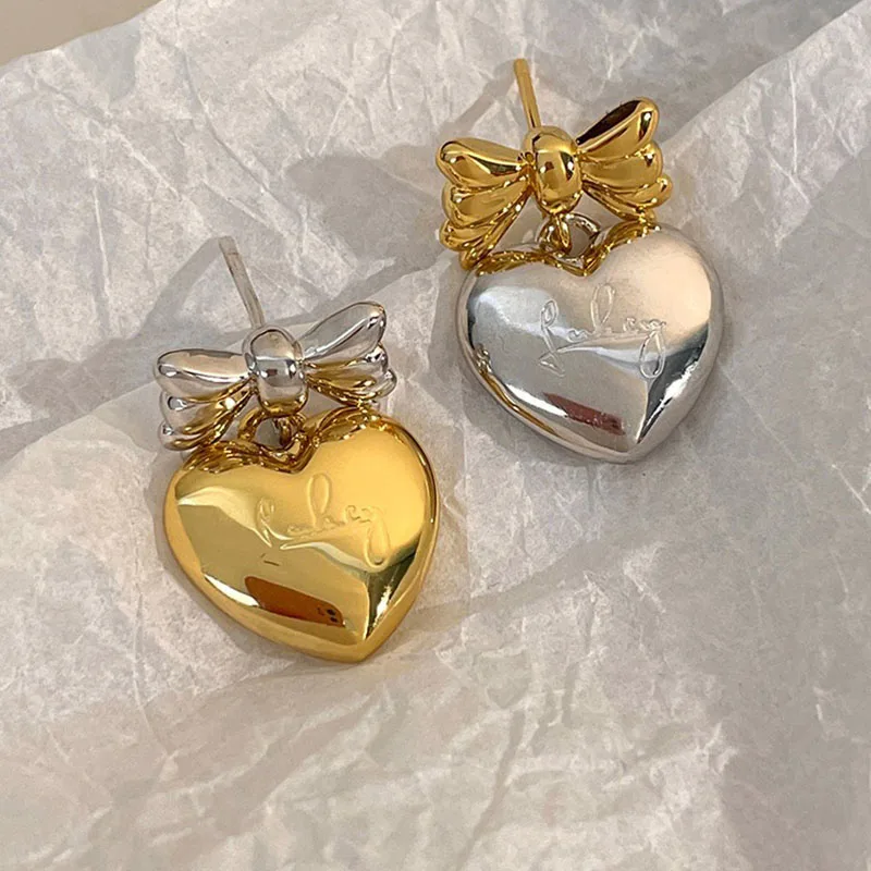 Two tones heart bowknot earrings for women cute kawaii minimalist earrings luxury designer jewelry 2023 new