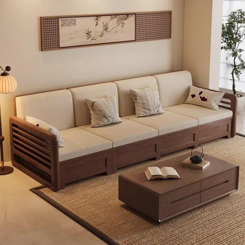 Song's aesthetic solid wood sofa winter and summer dual-purpose storage black walnut fabric sofa