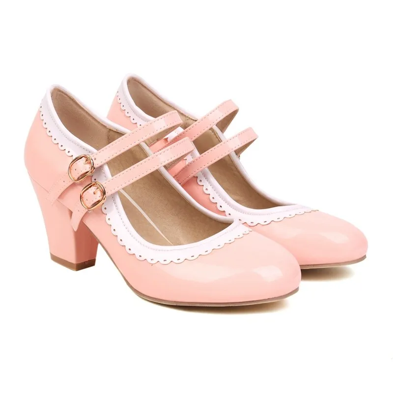 New Fashion Women Lolita Mary Jane Shoes Pink Gril Casual Round Toe Sweet Ankle Strap Party Pumps Brogue Shoes Larger Size 47 48