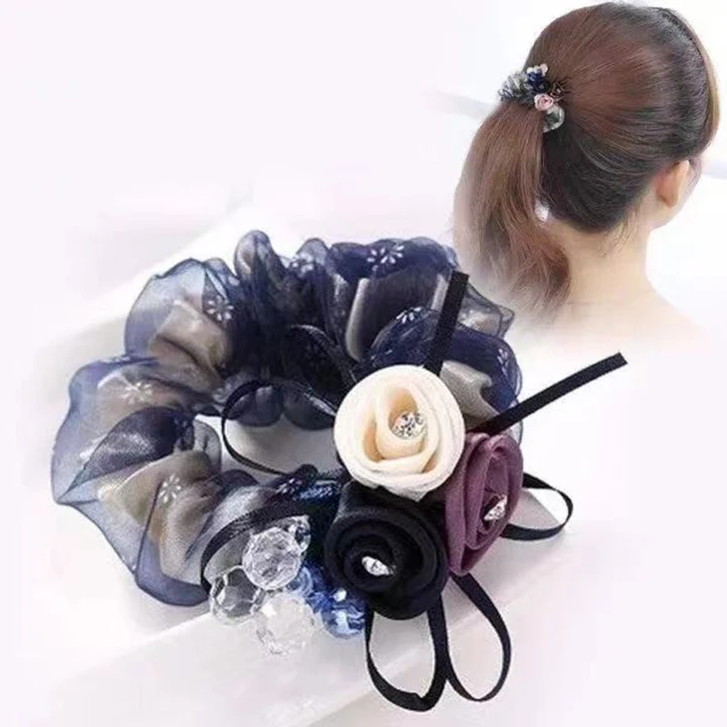 Fashion Silk Ribbon Rose Flower Hairband Imitation Crystal Rhinestones Scrunchies for Women Girls Ponytail Hair Accessories Gift