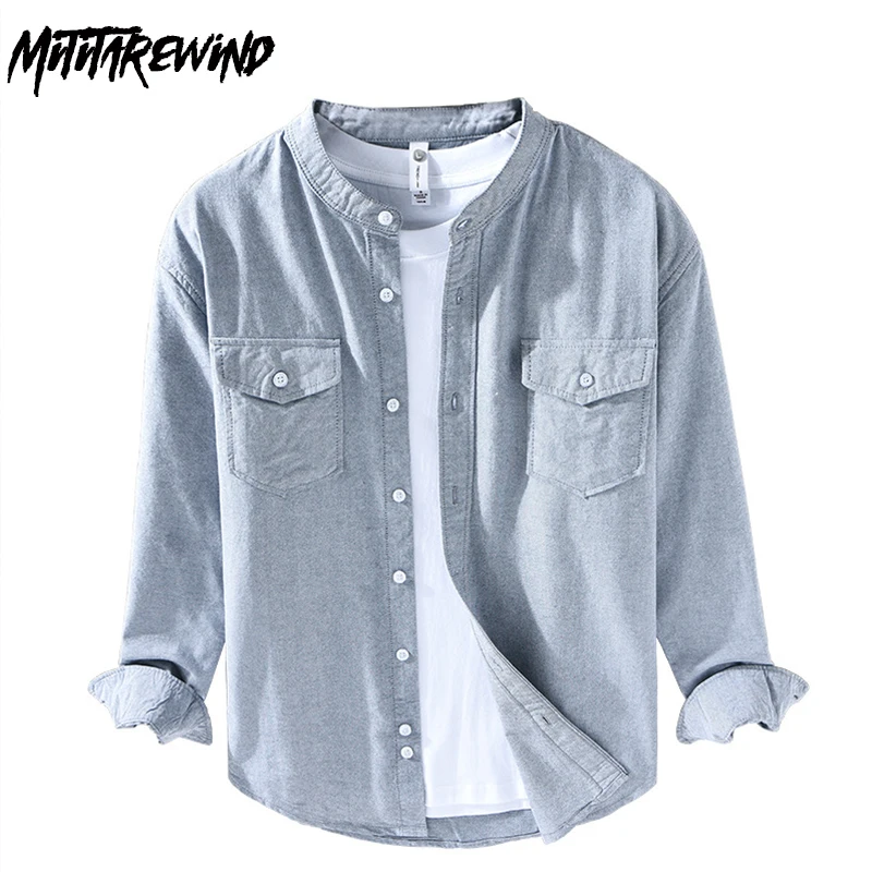 Camicia da uomo in stile coreano manica lunga abbigliamento da lavoro causale top colletto alla coreana camicia semplice in puro cotone con tasca abbigliamento uomo moda