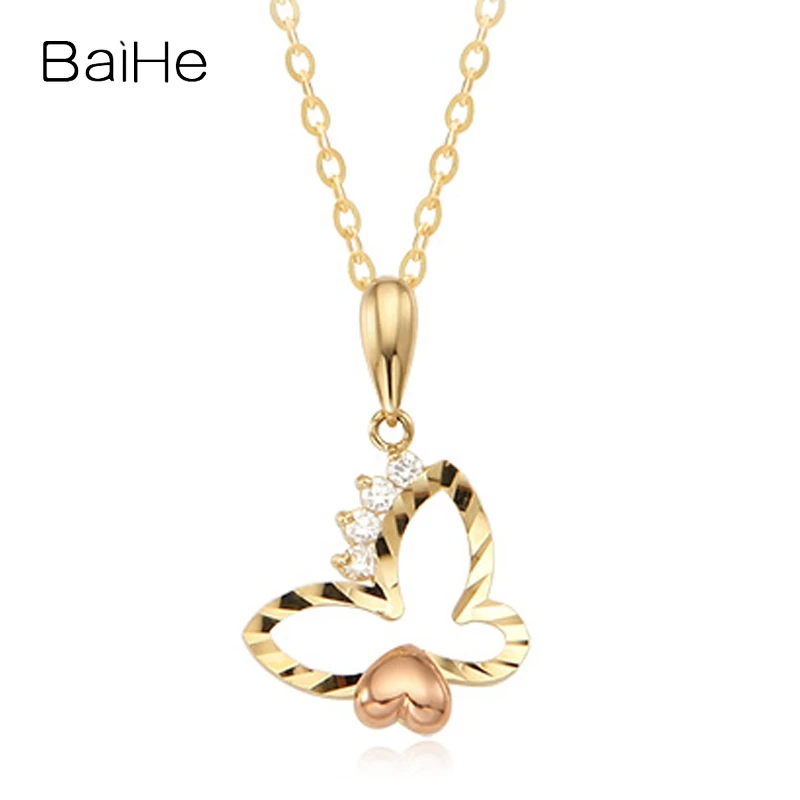 

BAIHE Solid 14K Yellow+Rose Gold H/SI Natural Diamond Butterfly Pendent Necklace Women Trendy Fine Jewelry Making abun wuya