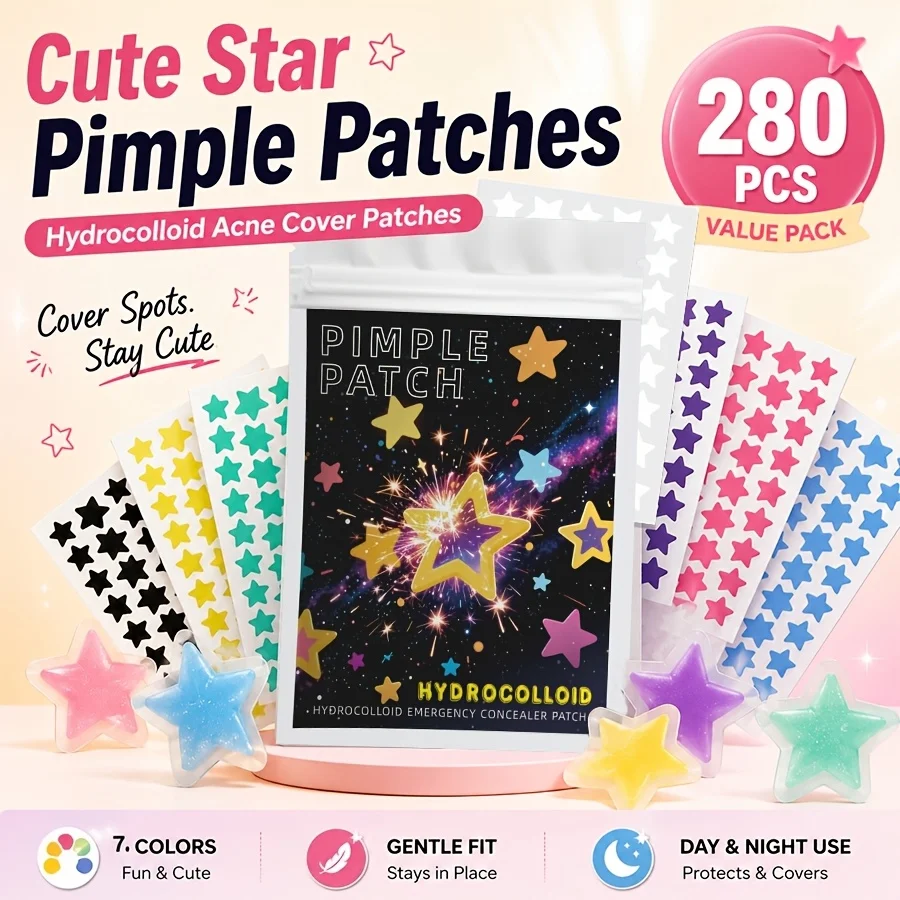 280PCS Colorful stars Invisible Water Gel Acne Patch, providing a light,effectively concealing blemishes.