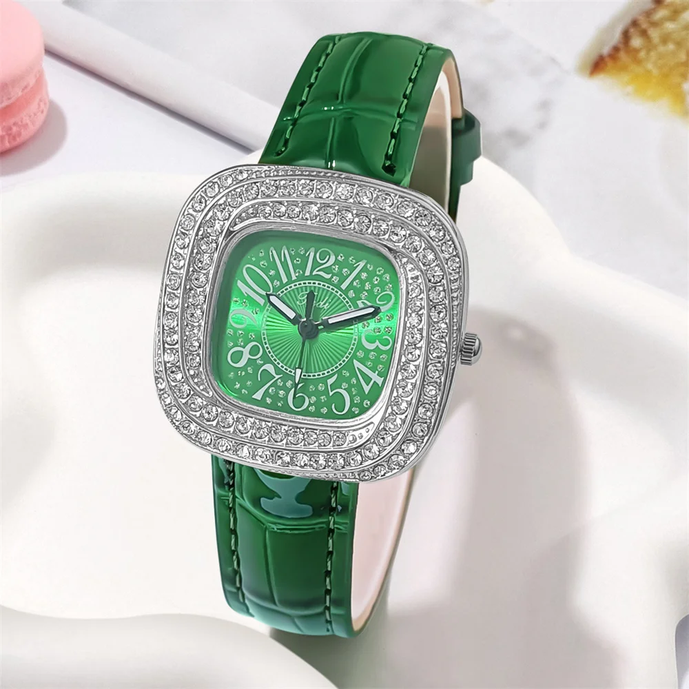 Fashion Ladies Silver Case Full Star Diamonds Digital Green Quartz Watch Luxury Green Leather Women\'s Clock Dress Watches