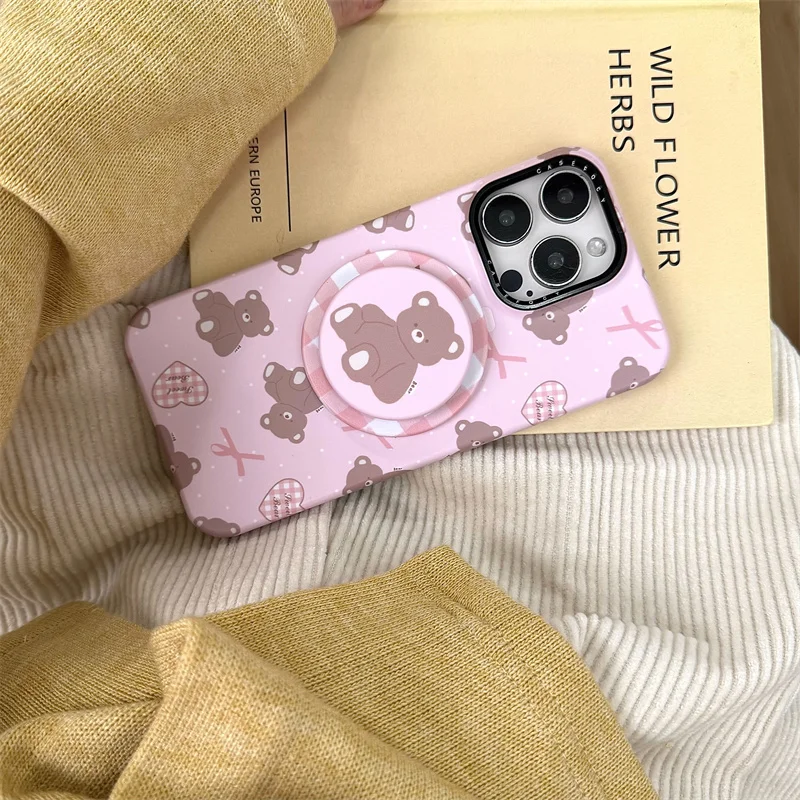 เคสโทรศัพท์แม่เหล็กน่ารักลายหมีเกาหลี สำหรับ iPhone 17 Pro 15 16 14 Pro Max พร้อมที่จับ สำหรับเคส Magsafe ลายการ์ตูน