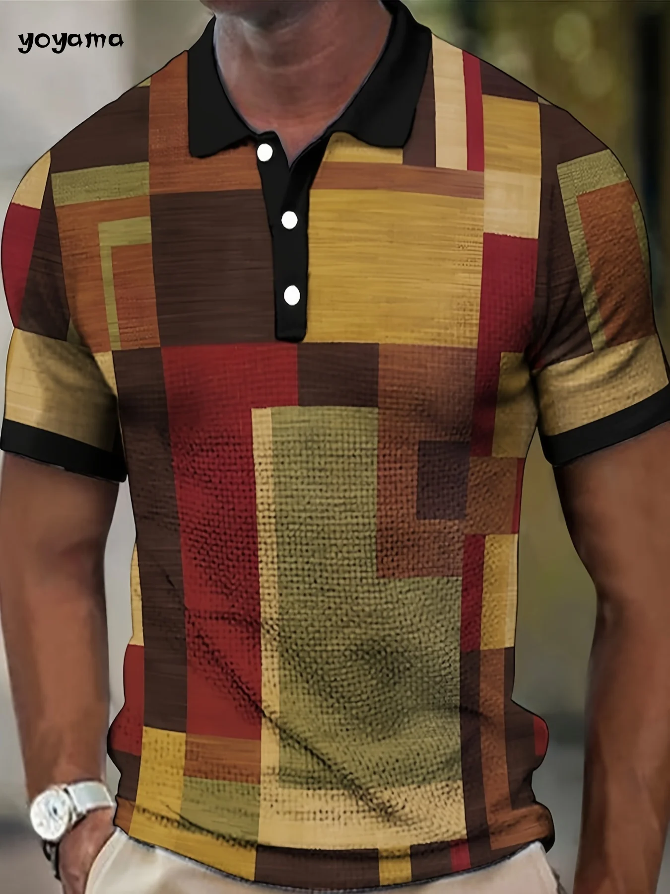 

Men's Casual Short-Sleeved Polo Shirt Retro Style Plaid Printed Blouse Lapel Button down Shirt Summer Versatile Casual Clothing