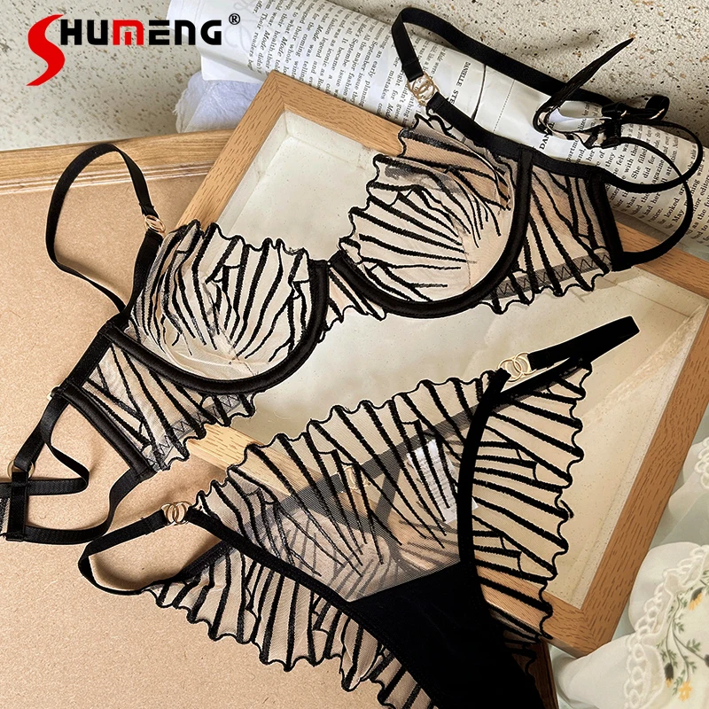 

Black Temptation Lace Embroidery Bra Sets Women French Style Sexy Pure Desire Underwear Lady Ultra Thin Intimates Brief Suit