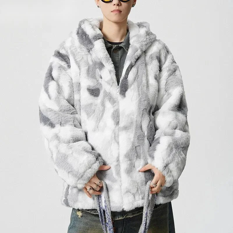 Fur Tie-Dye Cotton men's Coat Hooded Thickened Jacket 2025 long sleeve contrast color male tops 21BV7