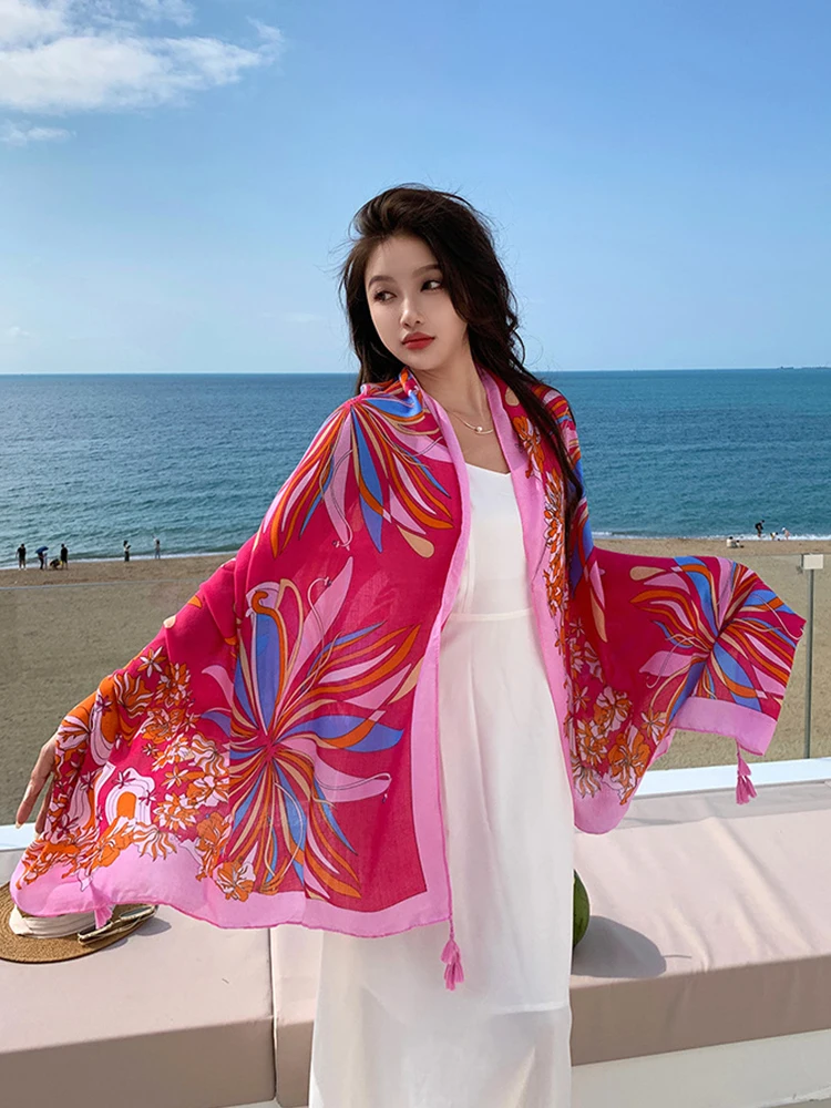 New Women Hijab Bikini Cover Up Silk Scarf Sweet Floral Print Bohemian Femme Bandana Scarve Sarong Beach Holiday Long Wrap Shawl