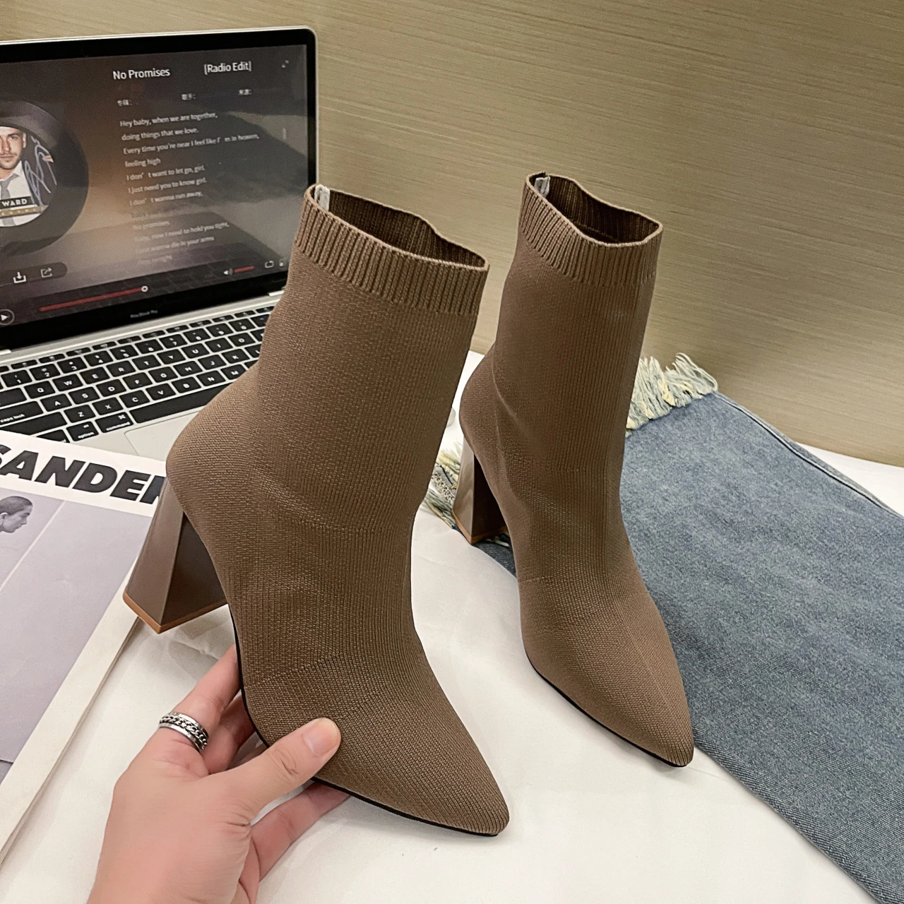 

Women's Boots Exotic Dancer Pointed Stilettos Fashionable Elastic Mid-tube High Heels Thick Heel Short Boots Cosplay Shoes 2025
