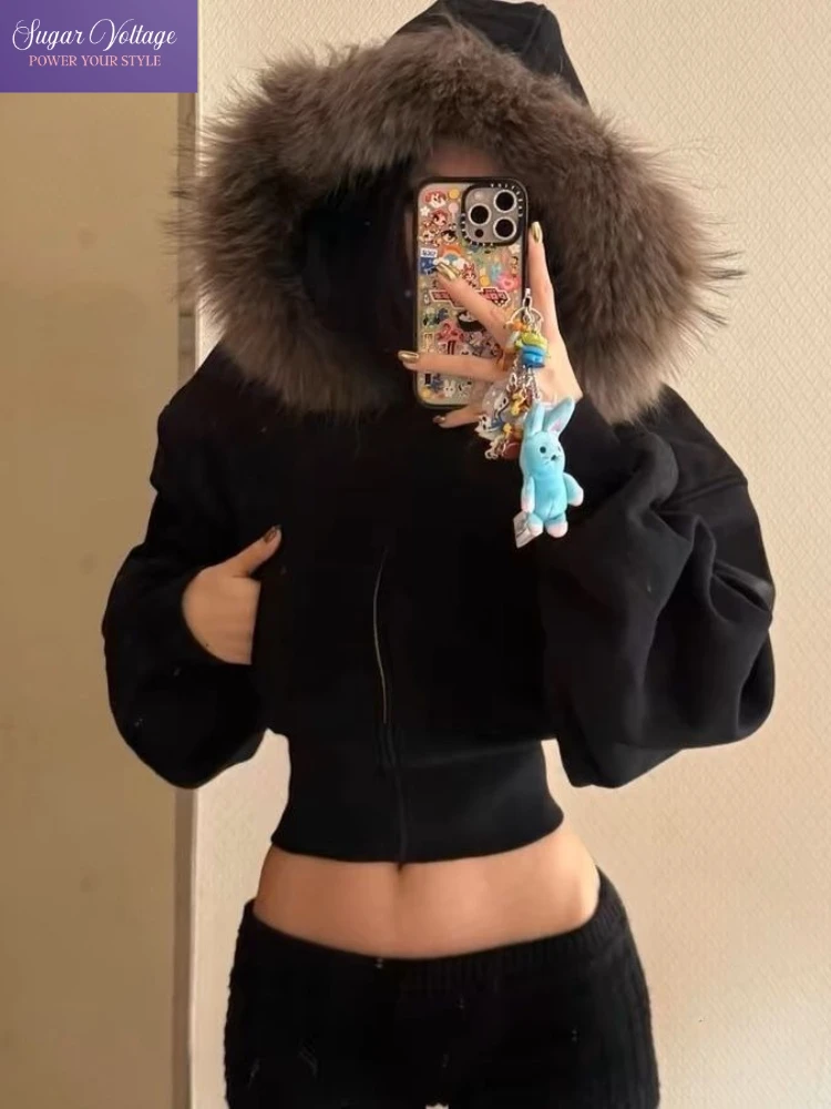 

2000S Vintage Fur Collar Thick Hooded Women Autumn Winter Short Jacket Crop Coat Y2K Aesthetic Harajuku Streetwear Zip Up Tops