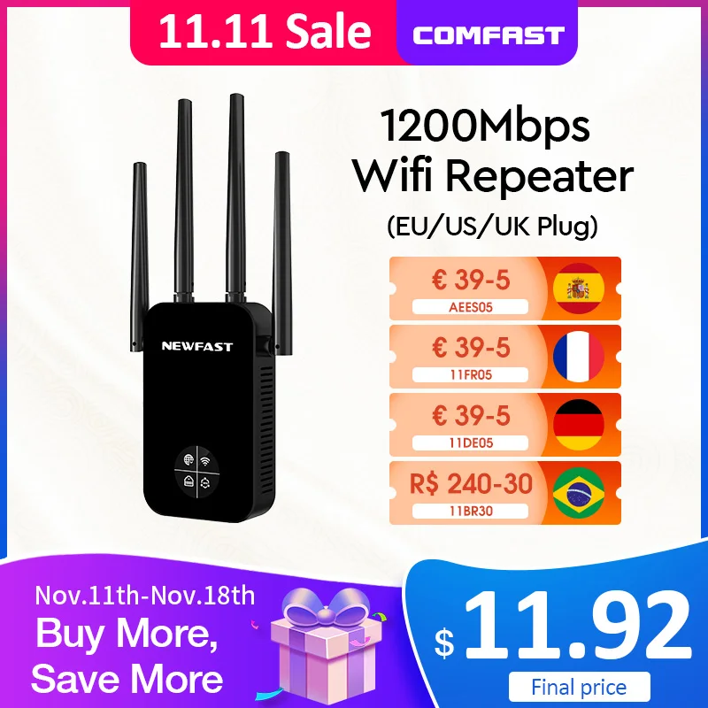 1200Mbps Repetidor De Sinal Wi fi 5G AC1200 Wifi Repeater Extender Amplificador Oled Display Repeteur 4 Antena Wla Largo Alcance