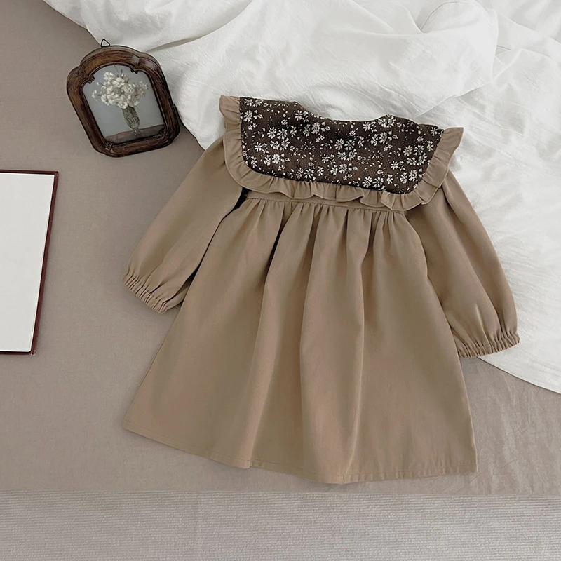 2026 Frühling Mädchen Kleid 2-6Y Kinder Prinzessin Kinder Party Braun Kleider Neue Lange ärmeln Baumwolle Retro Revers Mi Party Süße kleid – Detail 4