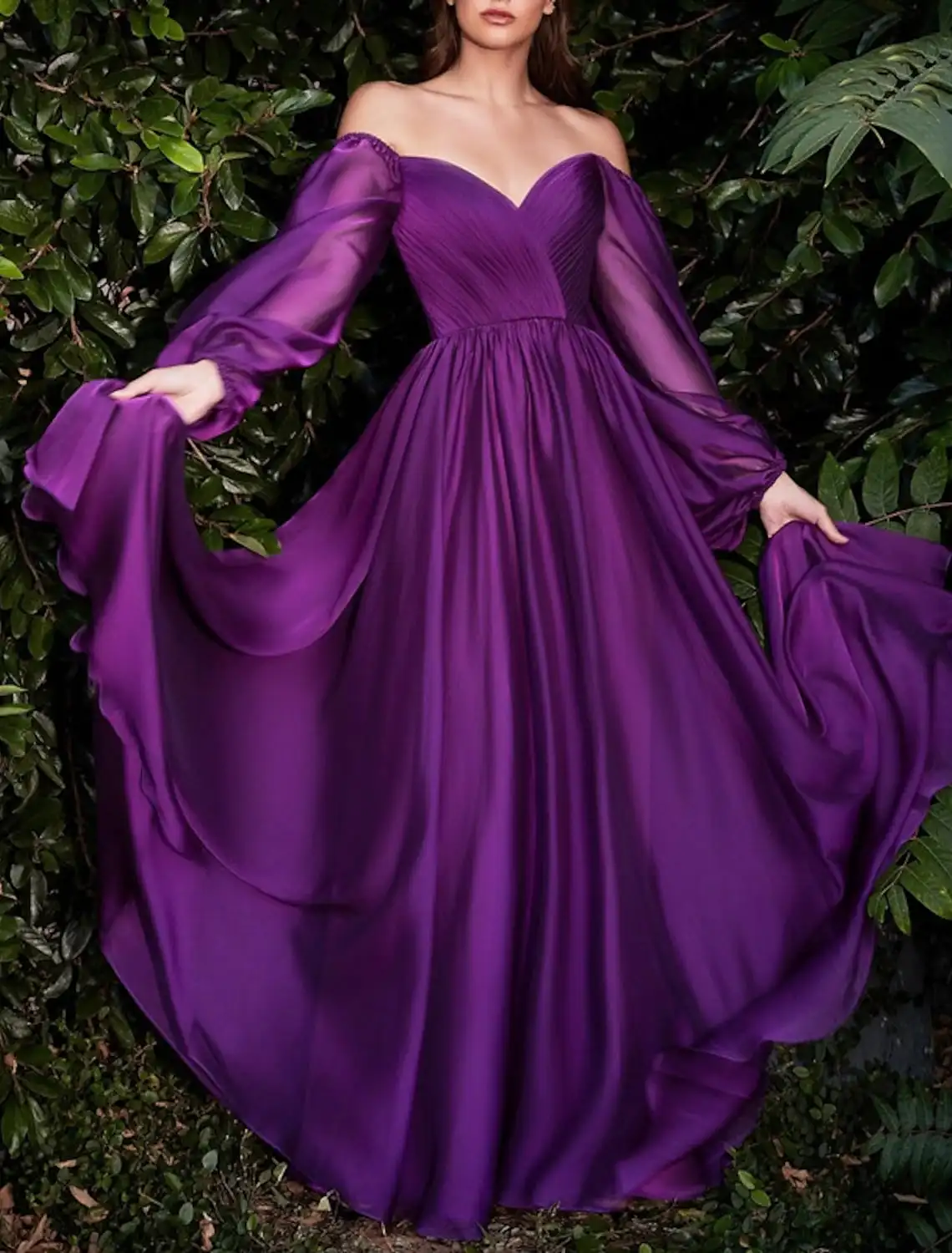 

Grape A-line Evening Paty Dresses Sweetheart Floor Length Long Sleeve Satin Chiffon Prom Formal Gowns New Robe De Soiree