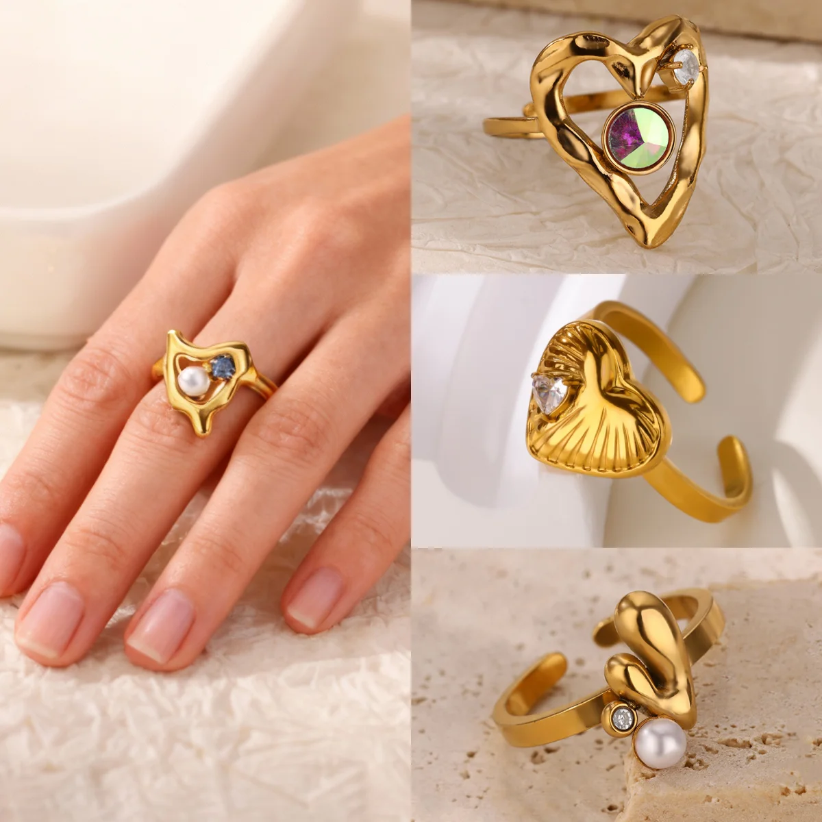 

10pcs Elegant Heart Imitation Pearl Zirconia Rings For Women Stainless Steel Four-Leaf Clover Party Jewelry Gift Wholesale