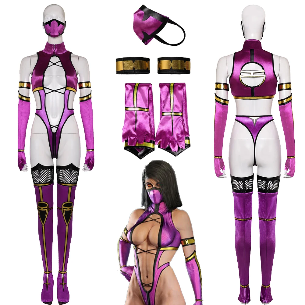 Mk9 Mileena Cosplay Mulher, Macacão Sexy, Máscara, Jogo Mortal, Kombat, Disfarce, Roupa de Halloween, Festa, Adulto