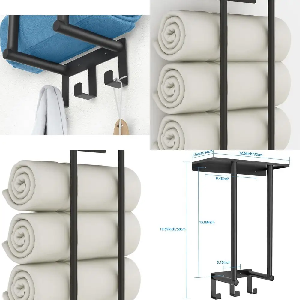 

Черная настенная металлическая вешалка для полотенец для ванной комнаты с полкой и 3 крючками для компактного помещения
