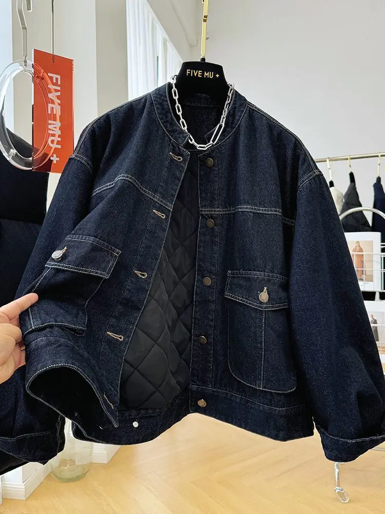 

Cotton Padded Denim Coat For Women Single-breasted Autumn Winter Thick Short Parka Chic Versatile Jean Jacket