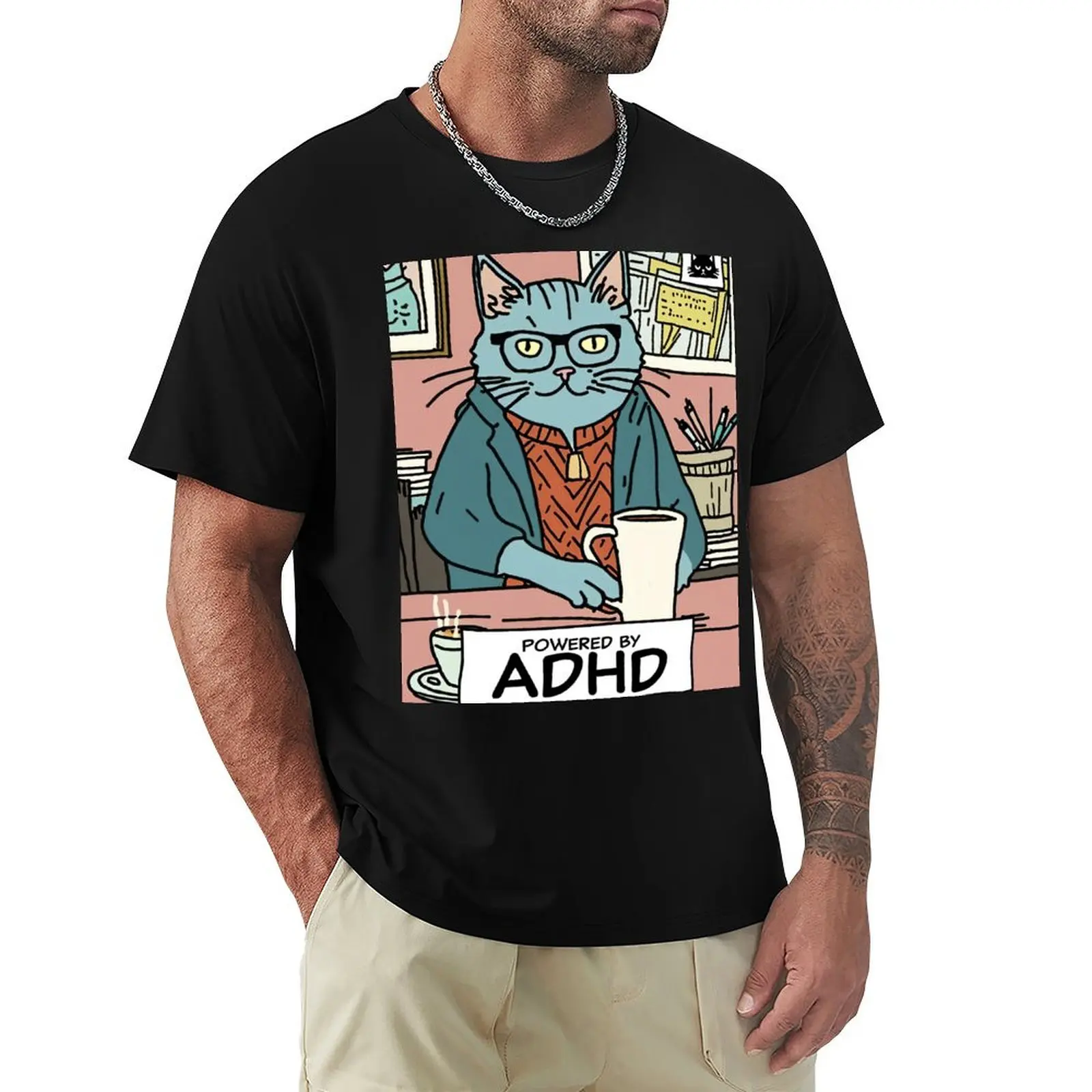 

Powered by ADHD - Sarcastic Exhausted Cat Illustration T-Shirt korean fashion boys whites new edition Men's cotton t-shirt