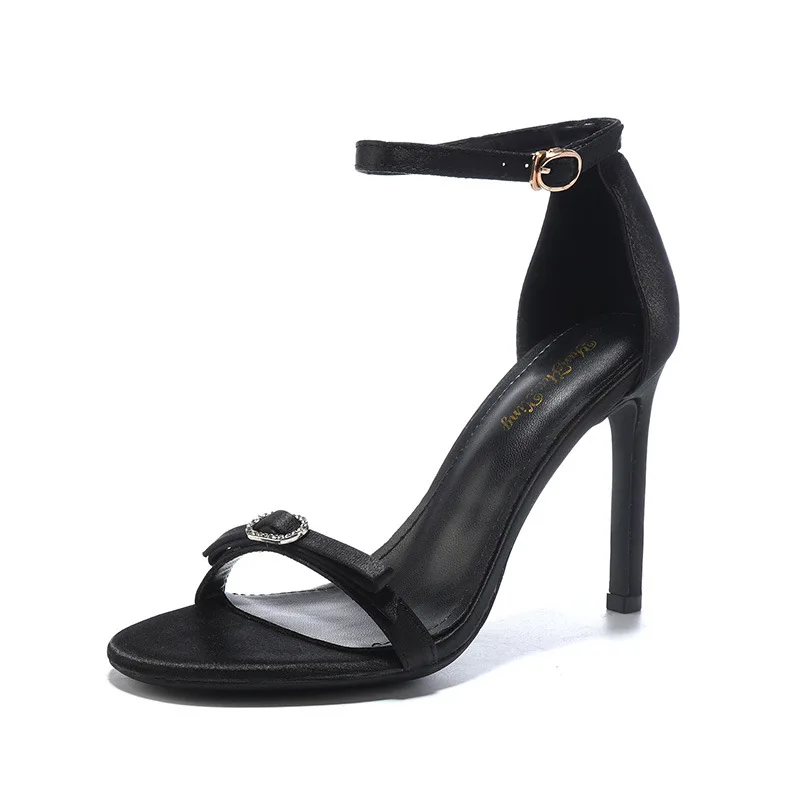 2025 Summer New Korean Satin Sandals  Round Open Toe Bow Stiletto Heels for Women Adjustable Straps Sexy Dress Shoes