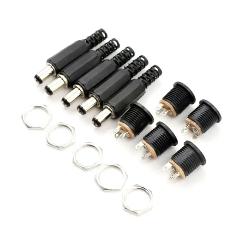 10Pcs (5Pair) 12V 3A 5.5x2.1mm DC Power Male Plugs Connector DC Power Socket Female Jack Screw Nut Panel Mount Adapter 5.5*2.1mm