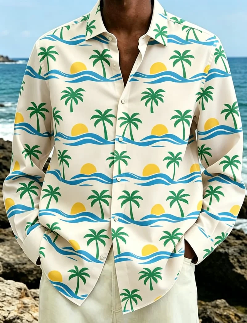 

Men's tropical landscape and coastal printed long sleeved shirt, fresh vacation style, for lazy seaside vacation atmosphere