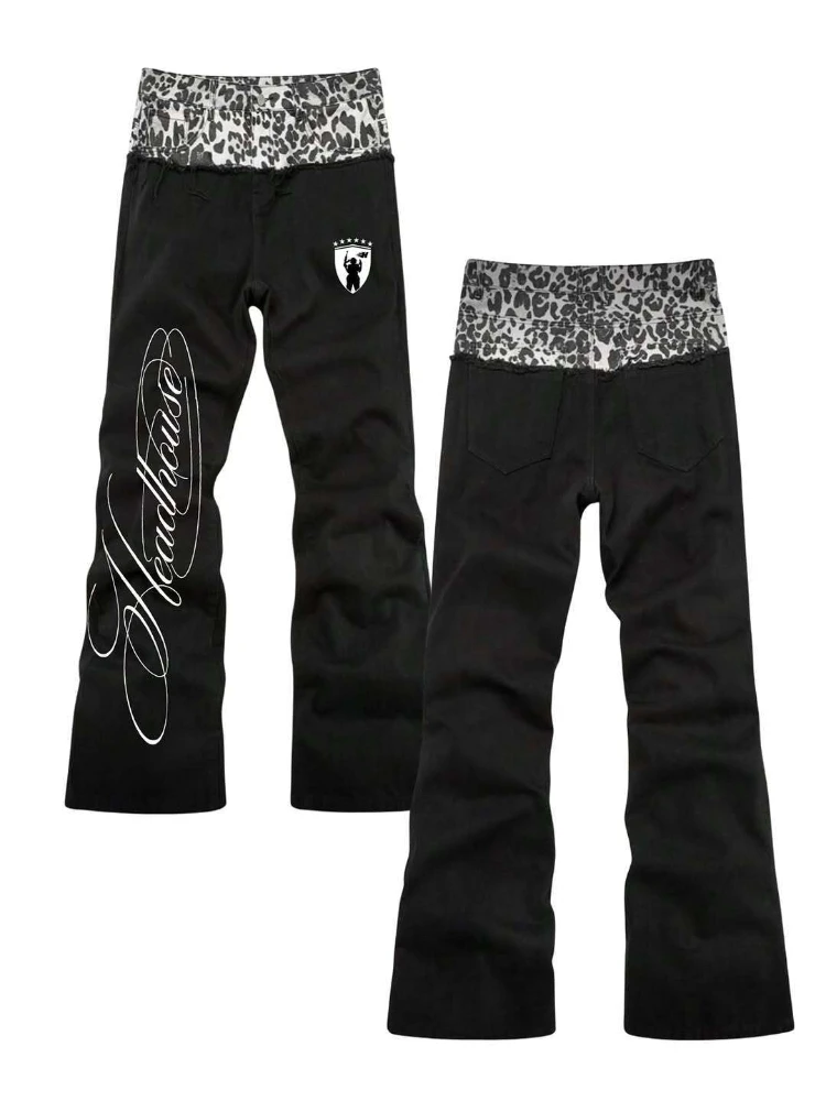 

Spring retro leopard print patchwork fake two piece jeans with American hip-hop personality casual belt print