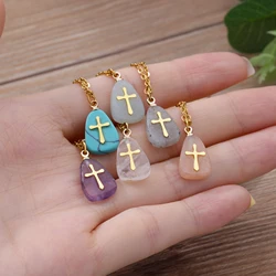 Cross Natural Stone Pendant Necklace For Women Stainless Steel Natural Crystal Stone Collar Fashion Geometric Necklace Jewelry