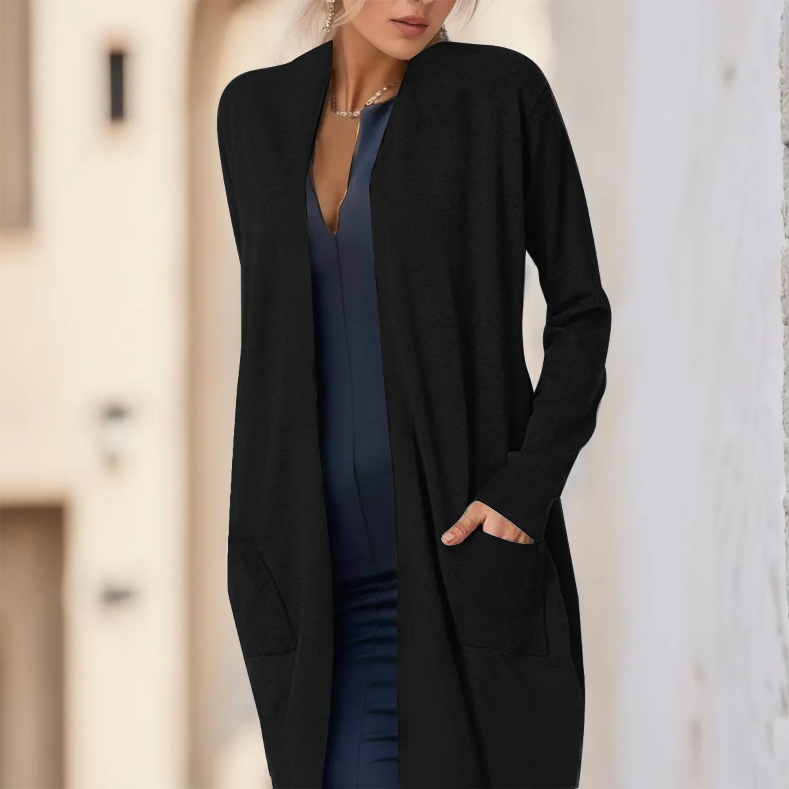 Women\'S Fashion Casual Cardigan Long Sleeve Open Front Loose Mid Long Cardigan With Pockets Ladies Black Solid Color Sweather