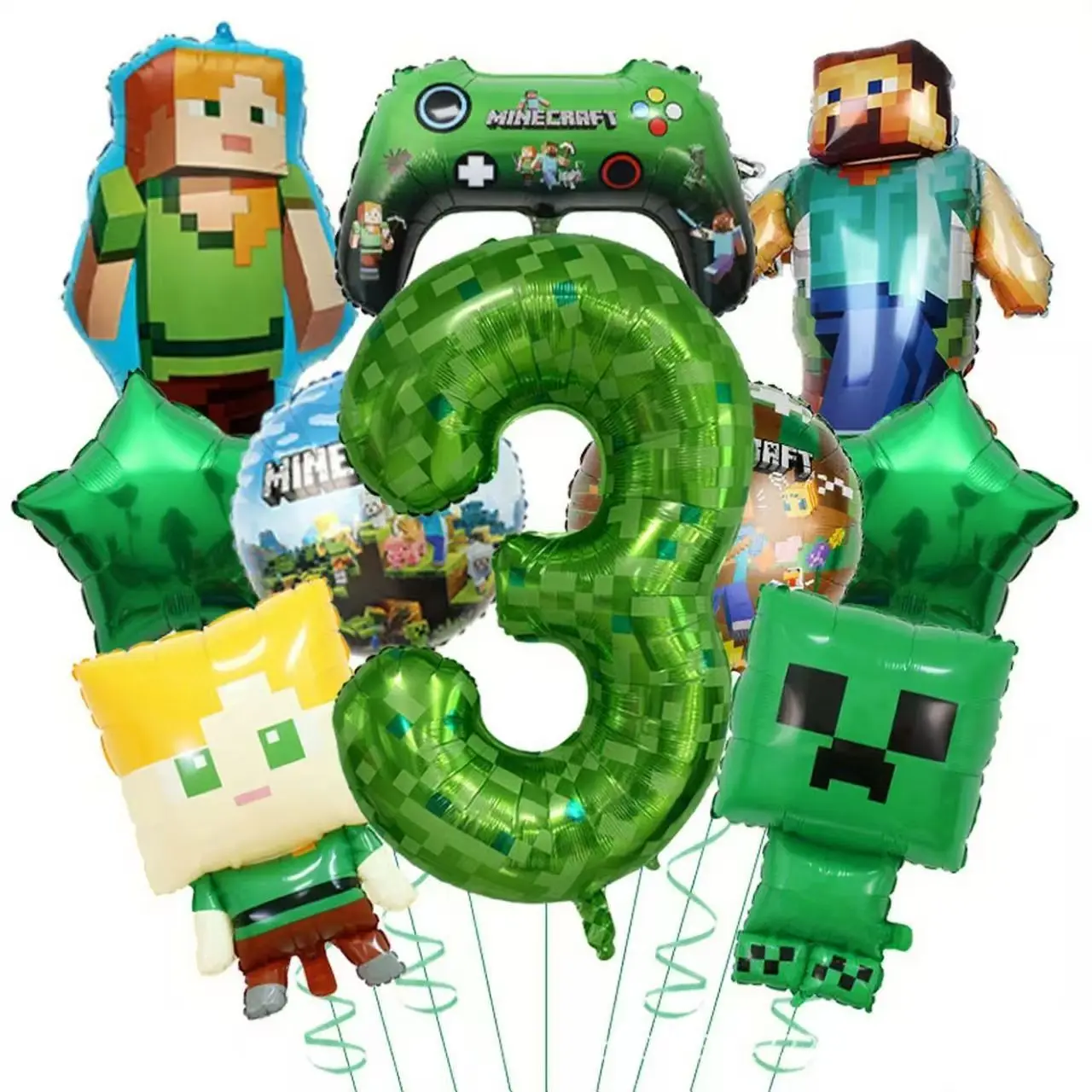 Nouveau Ballon en Aluminium Thème Minecraft Vert Pixel 1-9 Style Mineur Garçon Peureux de Steve pour Anniversaire et Cadeau