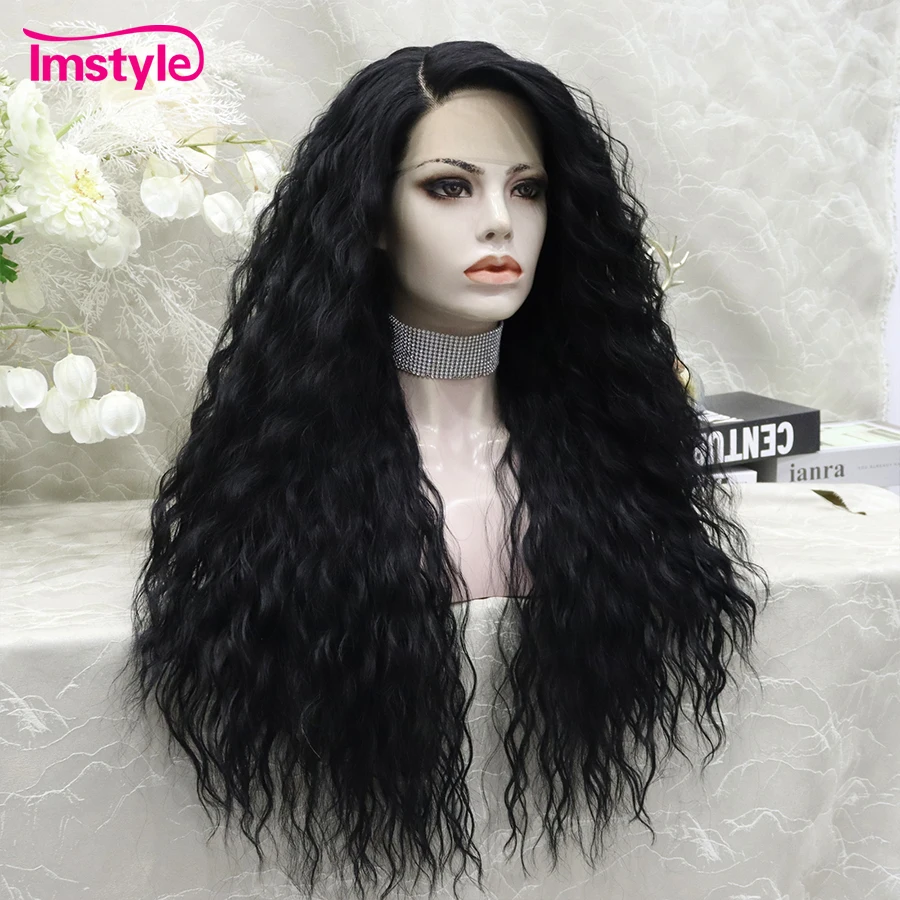 Imstyle Synthetic Lace Front Wig Long Curly Hiar 30'' Side Part Black Wig for Women Heat Resistant T Lace Wig Daily Cosplay Wig