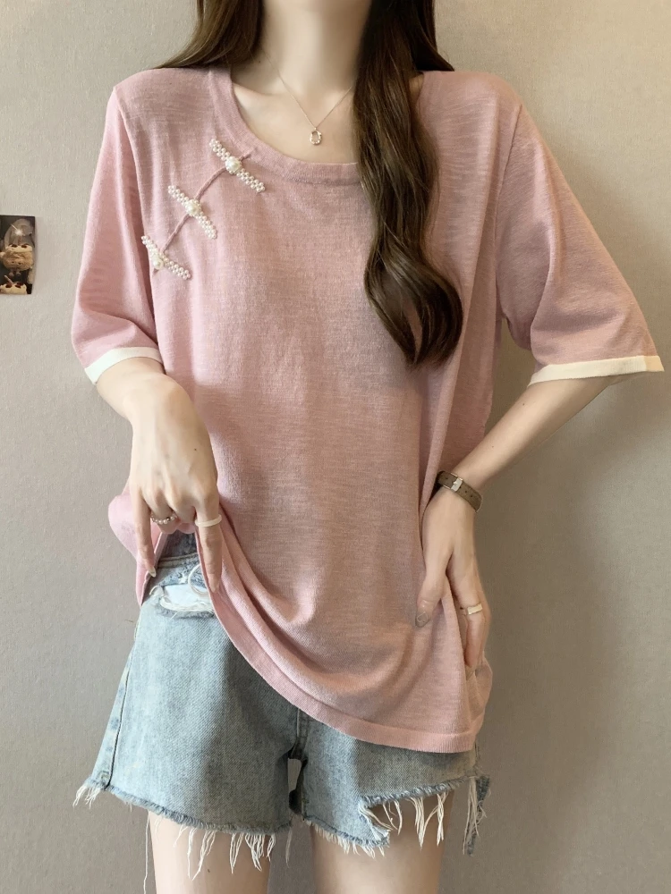 

New Chinese Style Ice Silk T-Shirt Women's Short Sleeve Half Sleeve Base Shirt Summer plus Size Slimming Belly Covering Top