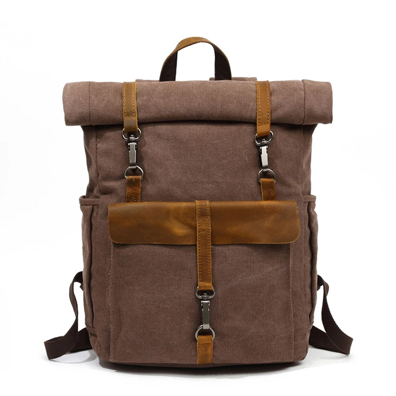 Zaino rolltop retrò in pelle di tela Zaino per laptop da 16 pollici Zaino da viaggio Zaino per computer per studenti Borsa da scuola durevole