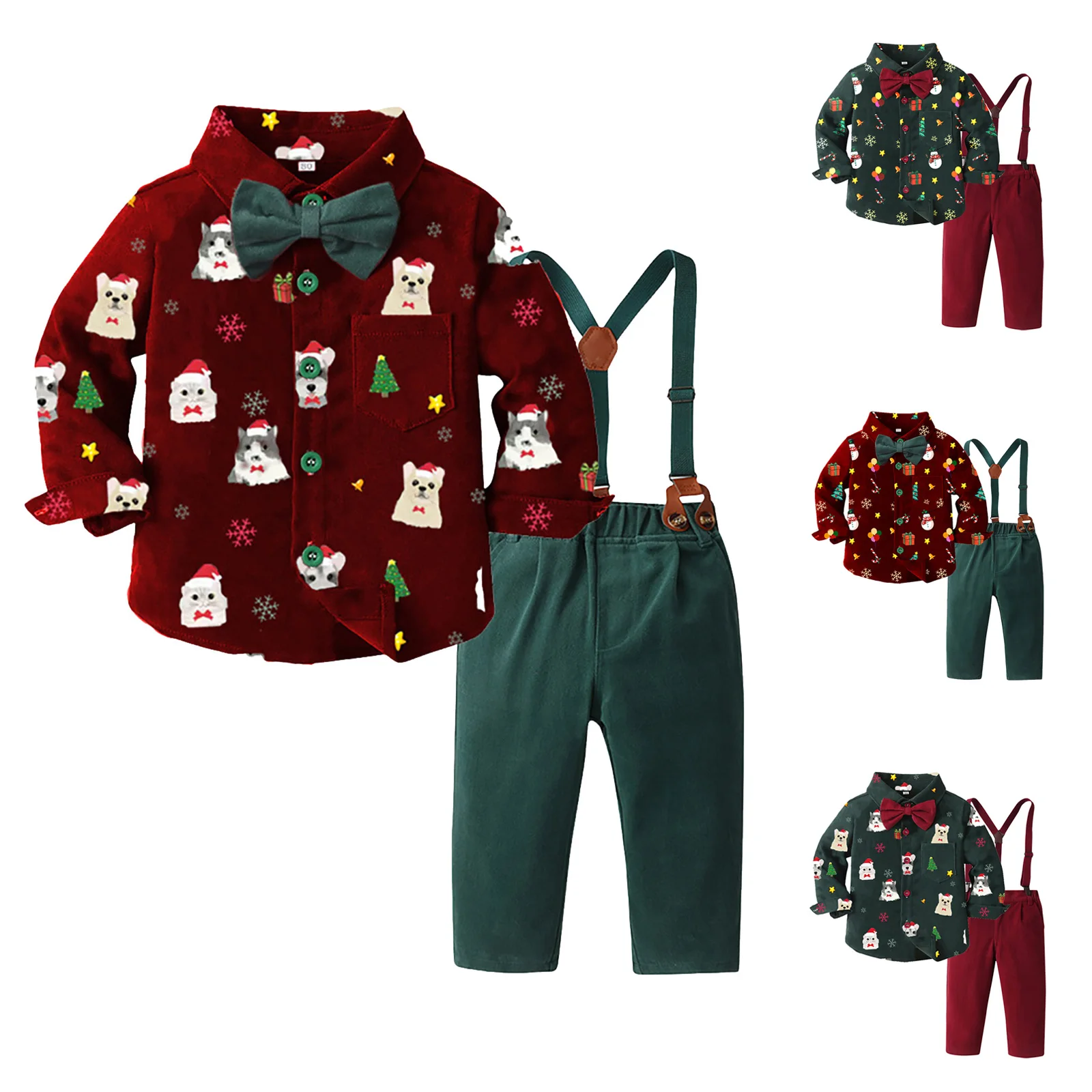 

2025 Jacket Pants Set Boys Long Sleeved Shirt And Overalls Suit Comfortable Soft And Fashionable Christmas Printed Boy Clothes