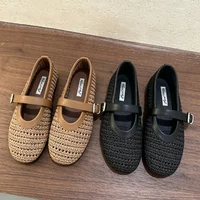 2026 Summer Breathable Hollow out Weave Women Ballet Flats Fashion Mary Janes Soft Soles Walking Loafers Casual Girls Shoes