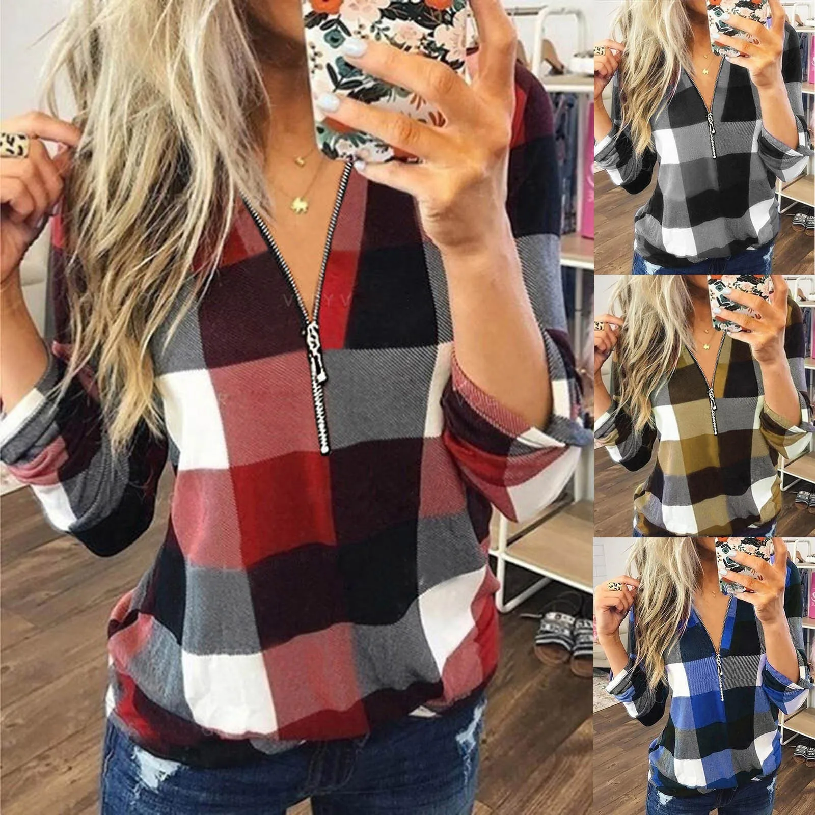 Women\'s Tops Casual Cotton Long Sleeve Plaid Shirt Slim Zipped V Neck Plaid Tunic Shirt Blouses