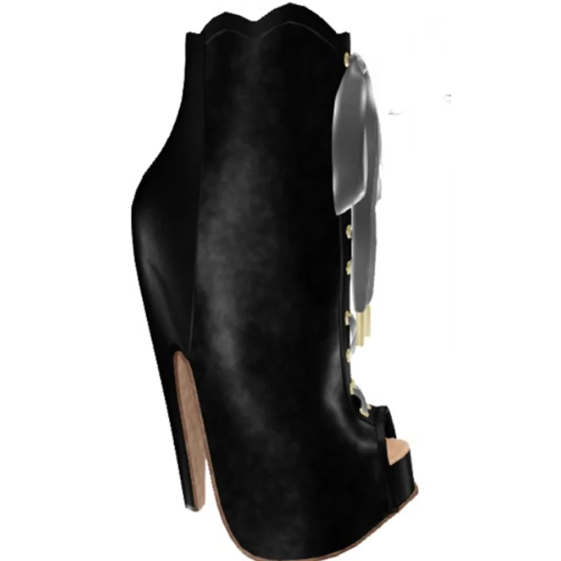 Schwarze, mittelhohe Schnürstiefel mit mattem Finish, Peeptoe, dünnem hohem Absatz, modisch, cool, sommerlich, lässig, große Größen, Damenschuhe, Zapatillas Mujer