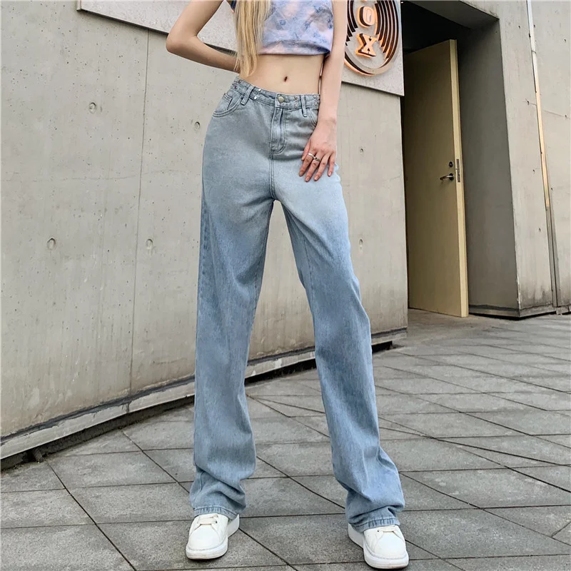 Women Summer New Casual Loose Denim Pants 2024 Low Waist Mom Fit Straight Wide Leg Jeans Gradient Light Blue Baggy Jean Female