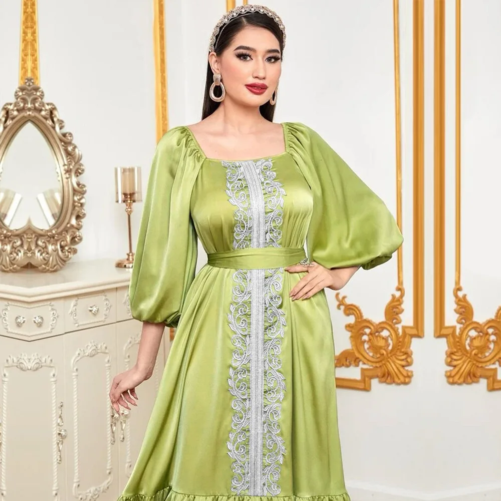 

New Muslim Women Puff Sleeve Lace Satin Evening Party Dress Ramadan Eid Jalabiya Dubai Abaya Turkey Kaftan Islamic Clothing Robe