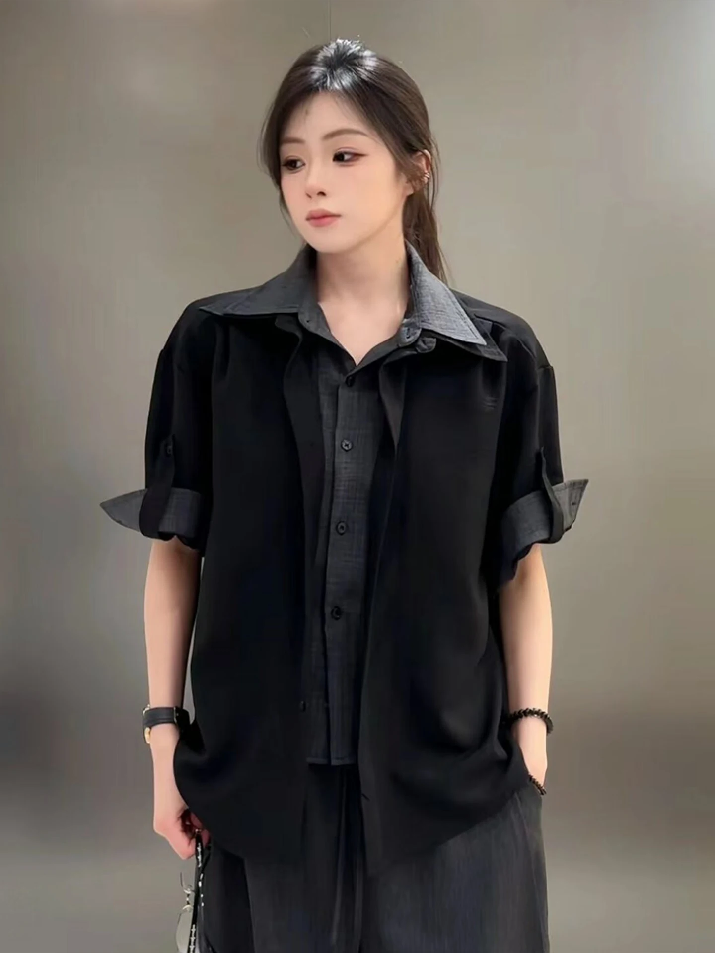 Lightweight Summer Men's And Women's Short-Sleeve Silk Shirt Fake Two-Piece Design Casual Style Loose Fit Breathable Polyester