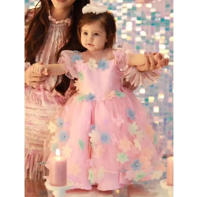 

2024 New Children's Evening Gown Bow Beading Appliques Design Kids Wedding Birthday Baptism Eid Party Girls Dresses A3612