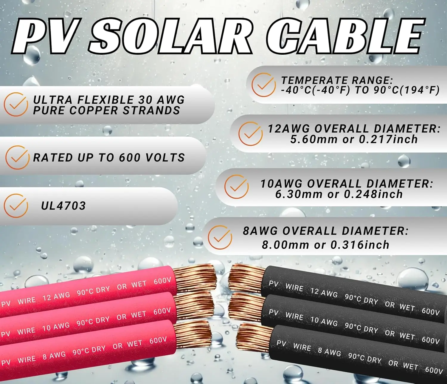 8 AWG 8 Gauge Pair 15 Feet Black + 15 Feet Red PV Photovoltaic Solar Panel Extension Cable Wire Solar Connectors (Variety