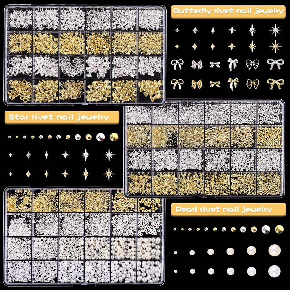 12 Sizes Nail Art Rhinestones Studs Set 3D Charm Jewelry Gold Silver Nail Rivets Long-Lasting Shine Nail Art Designs Decoration