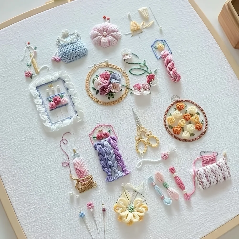3D Stereoskopisches Handgemachtes DIY-Nähset - Miniatur-Nadel- und Faden-Zubehör-Design Inklusive gemustertem Stickstoff, v