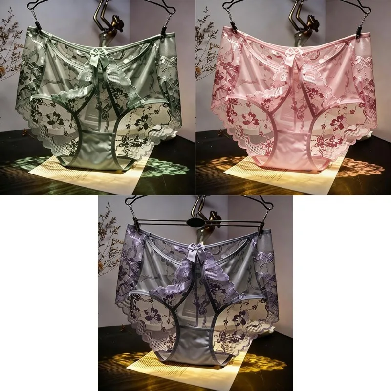 

Luxury 3-pack, 2026 Summer Popular Briefs Breathable Medium and High Waist Underwear Hollow Transparent Lace Sexy Mesh Panties