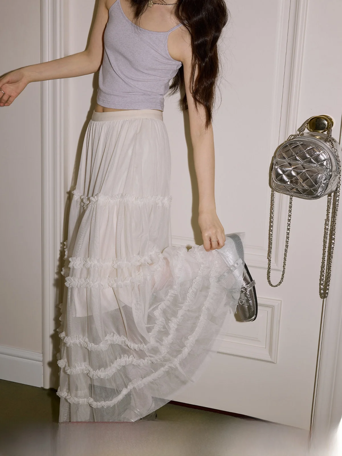 

Белая кружевная женская летняя юбка с высокой талией, приталенная, пышная, А-силуэта, длинная, с сетчатыми вставками